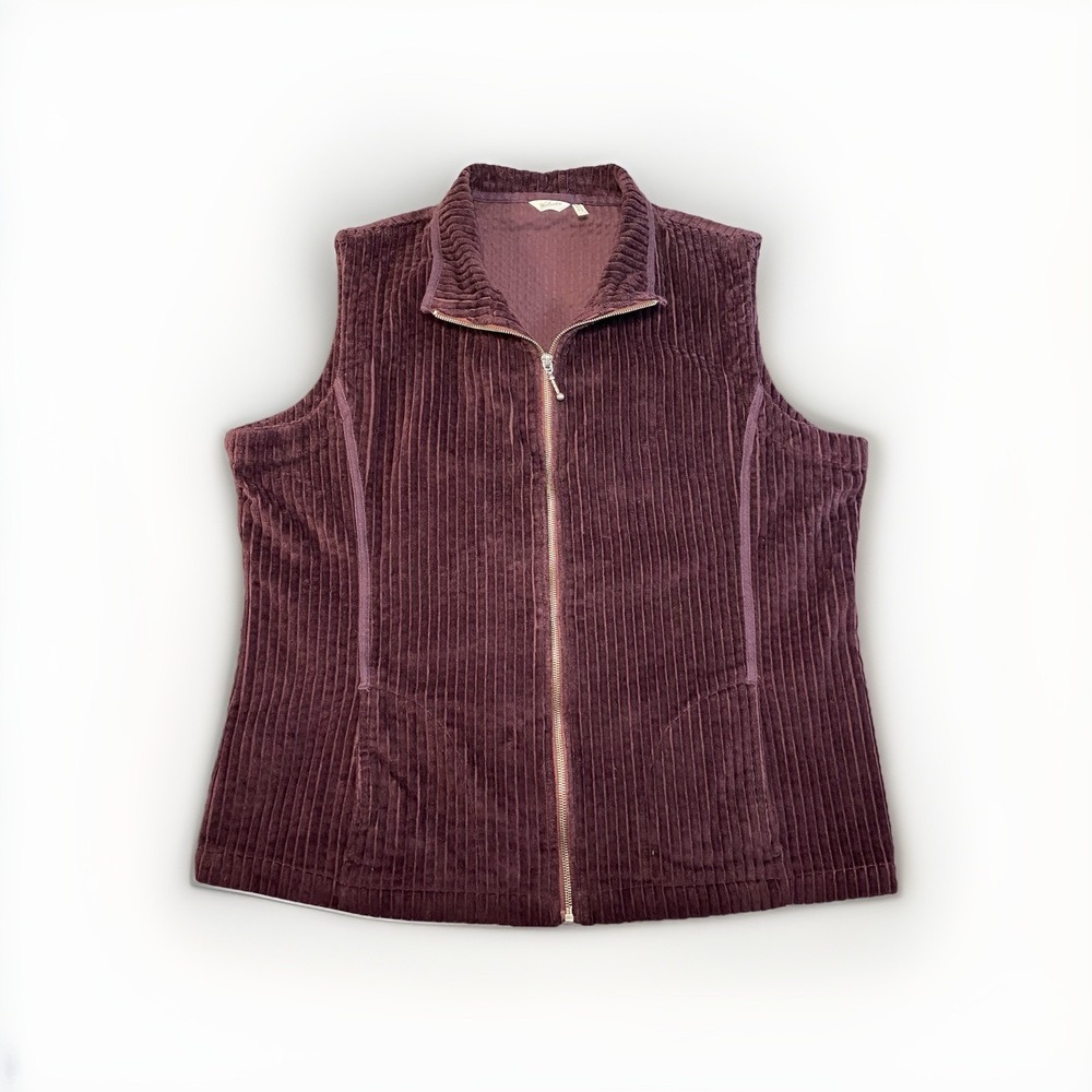 Woolrich Vest Women XL Burgundy Full Zip Wide Wale Corduroy Pockets Logo Classic